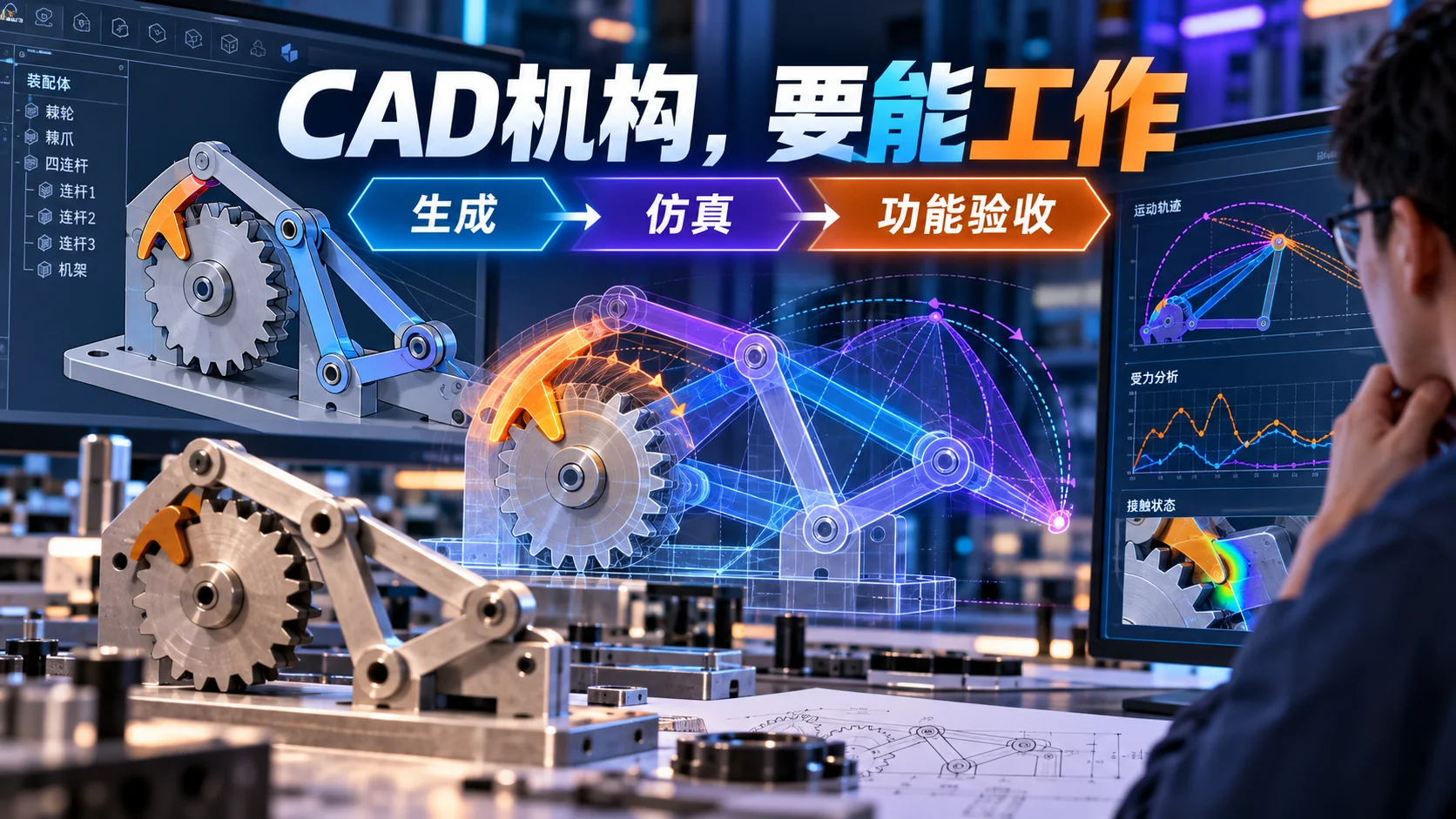 生成的CAD机构能否工作：FunCAD-Harness的功能测试方法：封面概念示意图