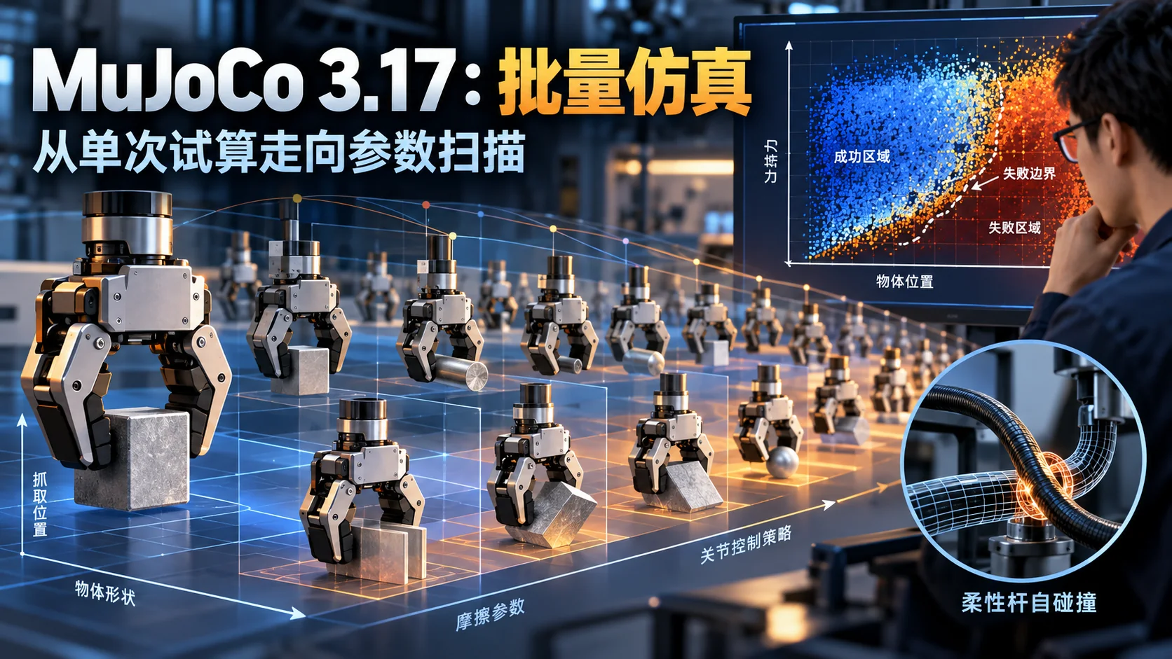 MuJoCo 3.17批量仿真:多工况实验怎样复现结果:封面概念示意图