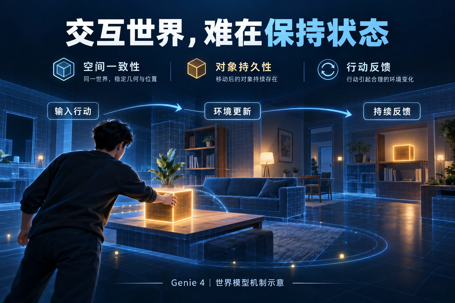 Genie 4交互式世界模型的环境、行动与反馈示意