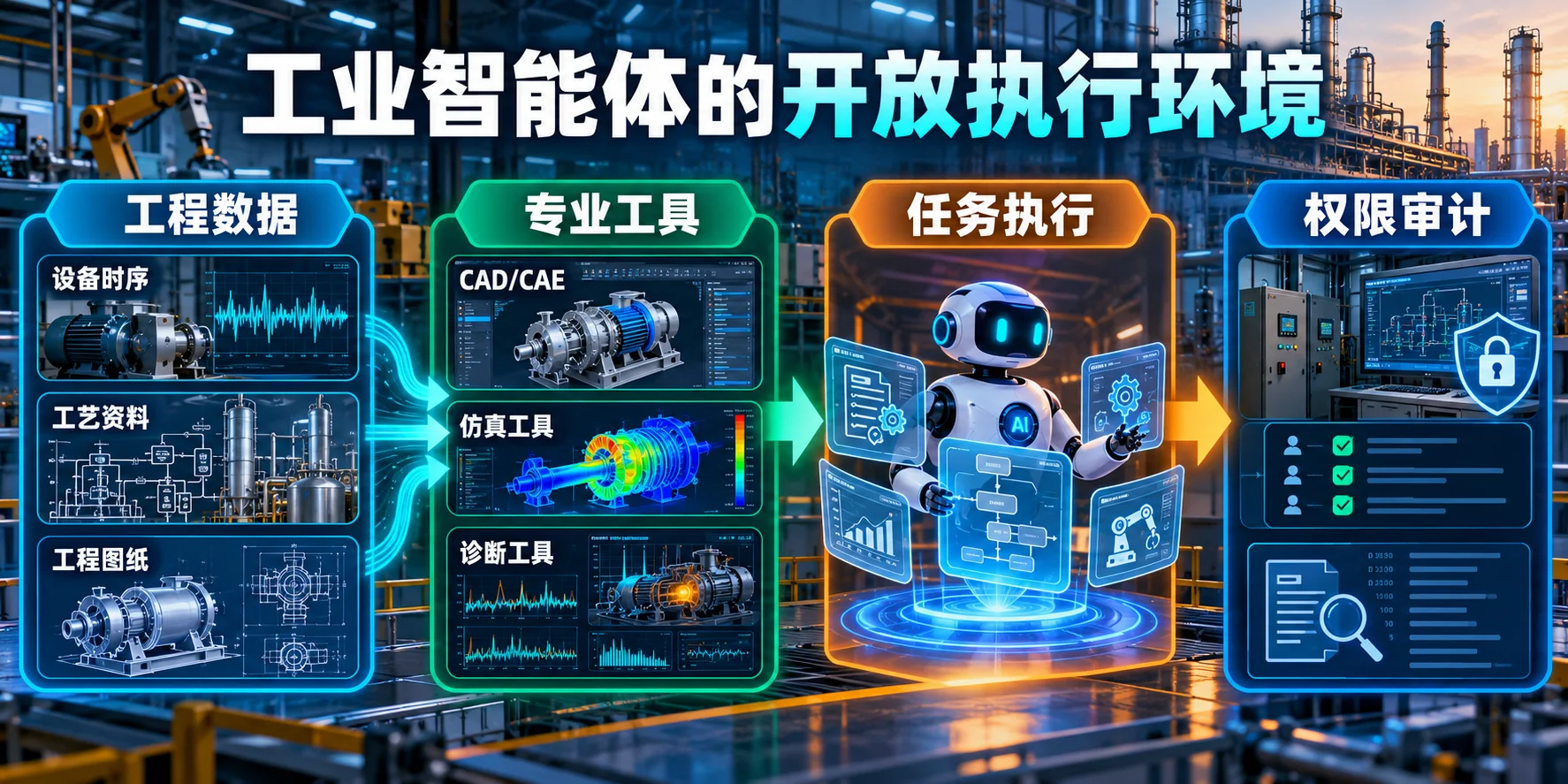 工业智能体开放执行环境示意：工程数据、专业工具、任务执行、权限审计
