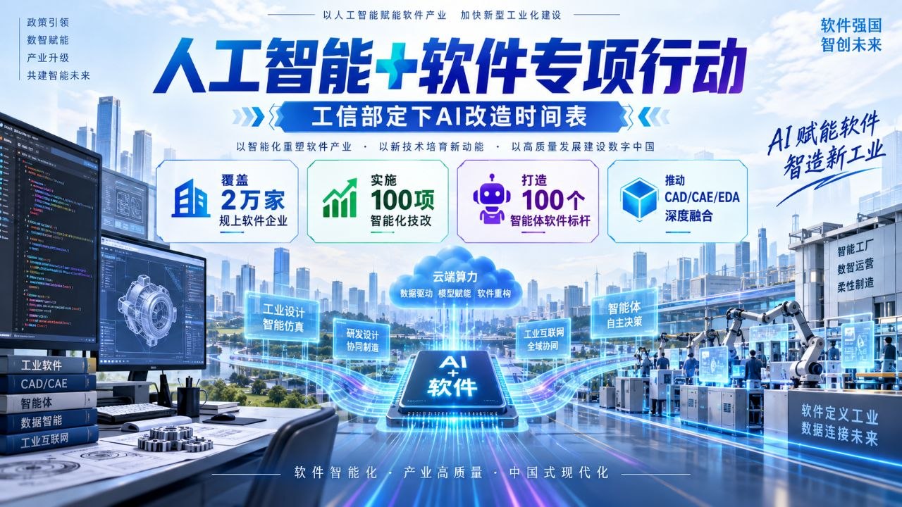 工信部给软件业定下AI改造时间表：2万家企业、100个智能体标杆，CAD/CAE与工业Agent迎来专项政策