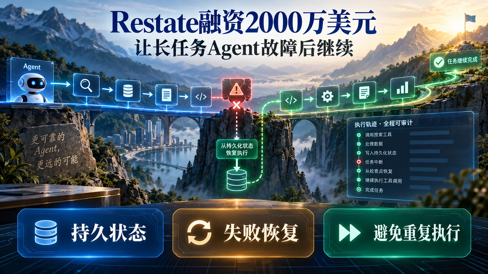 Restate 融资与长任务 Agent 可恢复执行信息海报