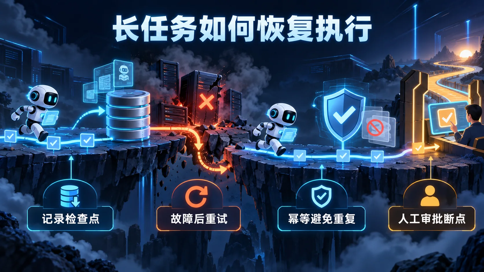 长任务从步骤日志、故障恢复、审批断点到幂等副作用的执行流程图