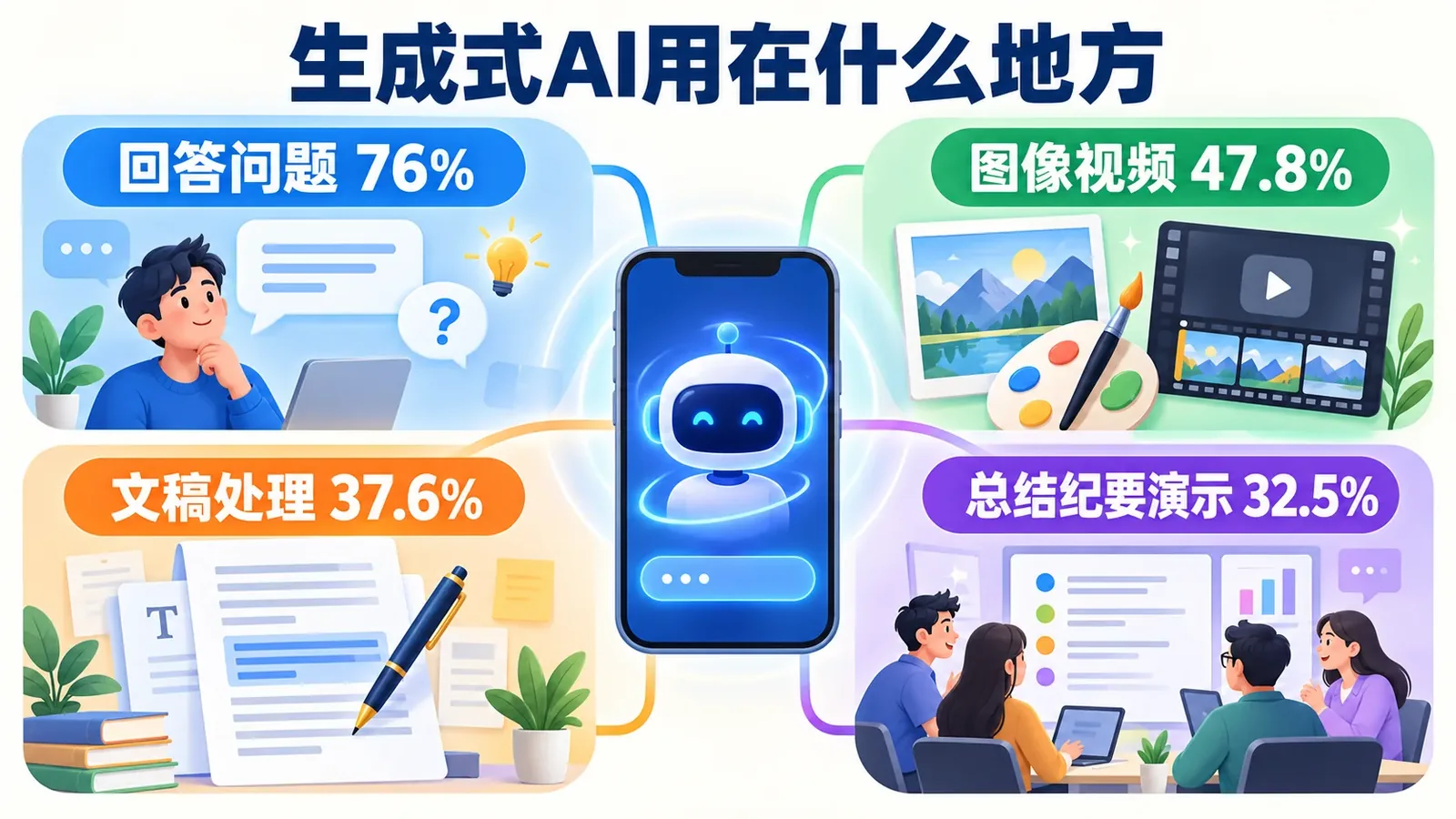 生成式AI从问答、图像视频、文稿处理到办公任务的应用结构信息图