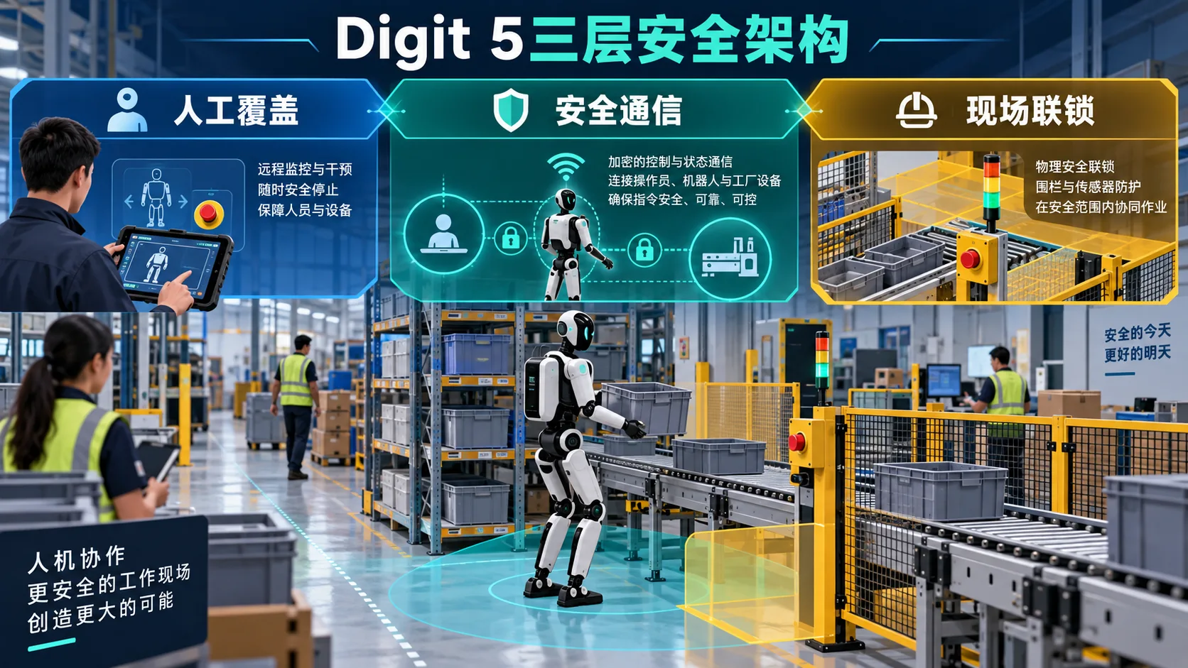 Digit 5的安全边界，不能只画在机器人身上独立信息海报（示意）