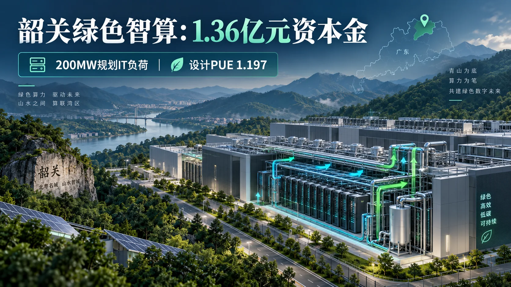 1.36亿元资本金与200MW规划：韶关绿色智算项目的建设账和运营账独立信息海报（示意）