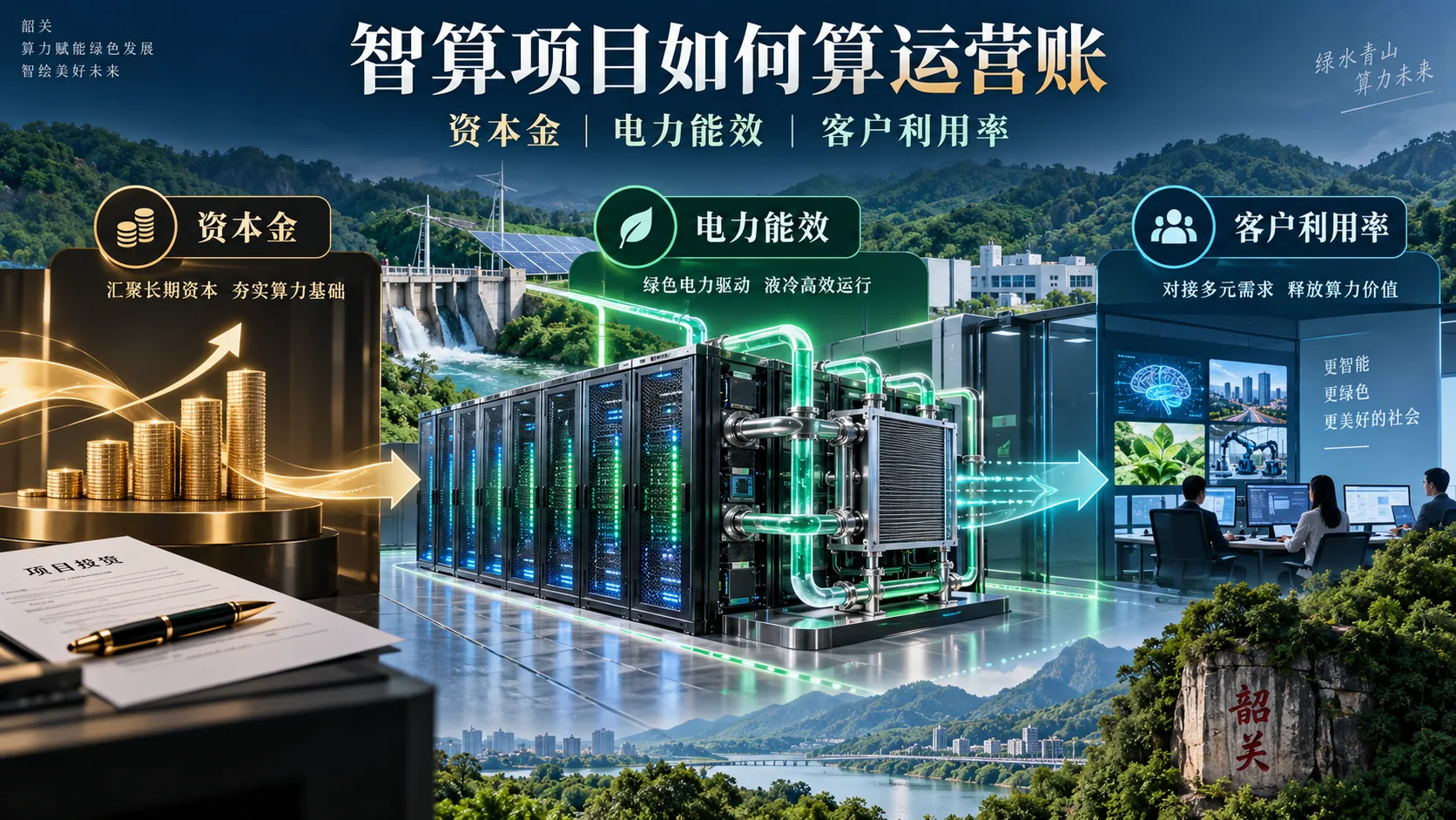 1.36亿元资本金与200MW规划：韶关绿色智算项目的建设账和运营账独立信息海报（示意）