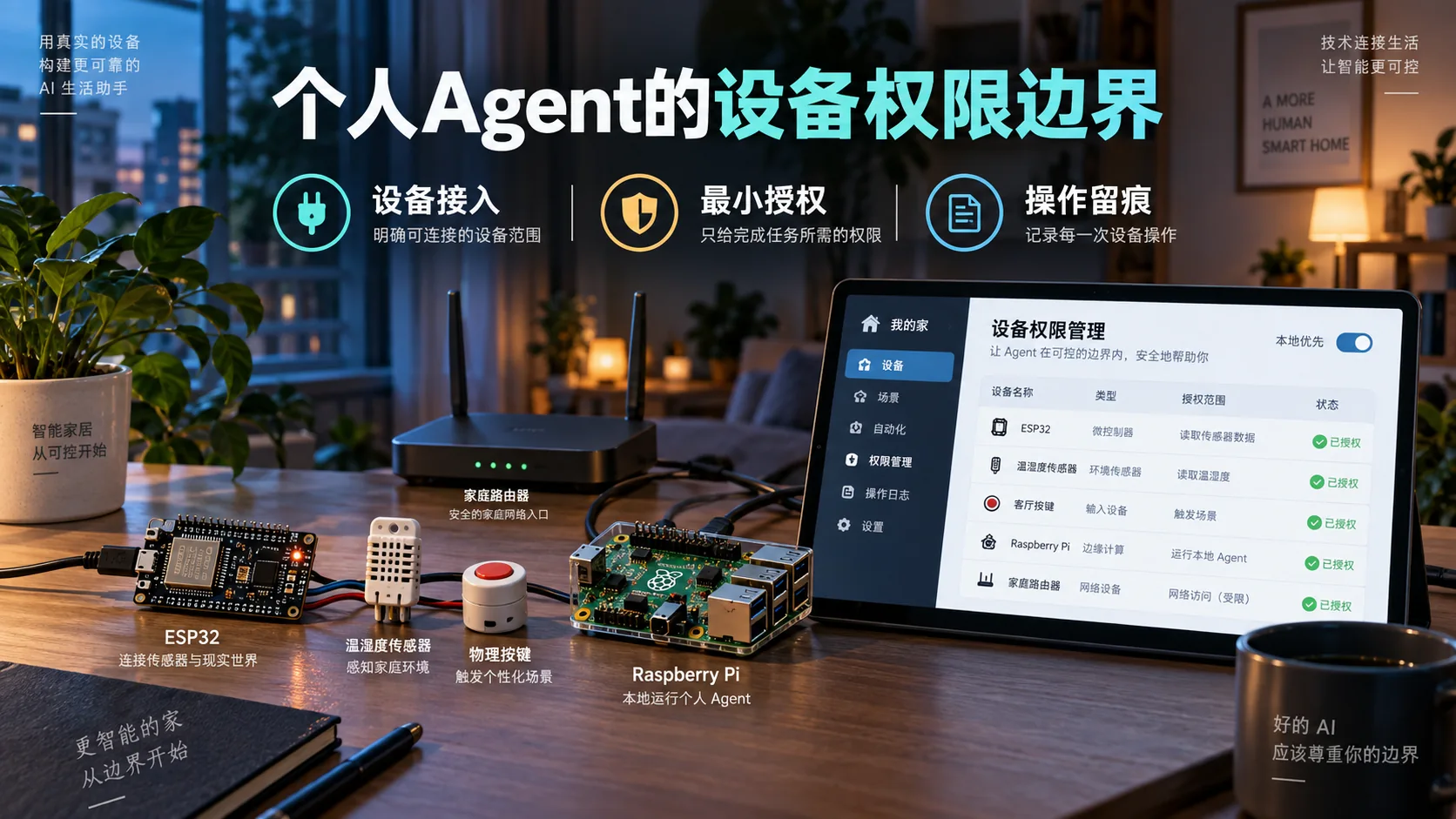 Muse Gadgets让个人Agent接入设备：从按钮到家庭网络，权限怎么管独立信息海报（示意）