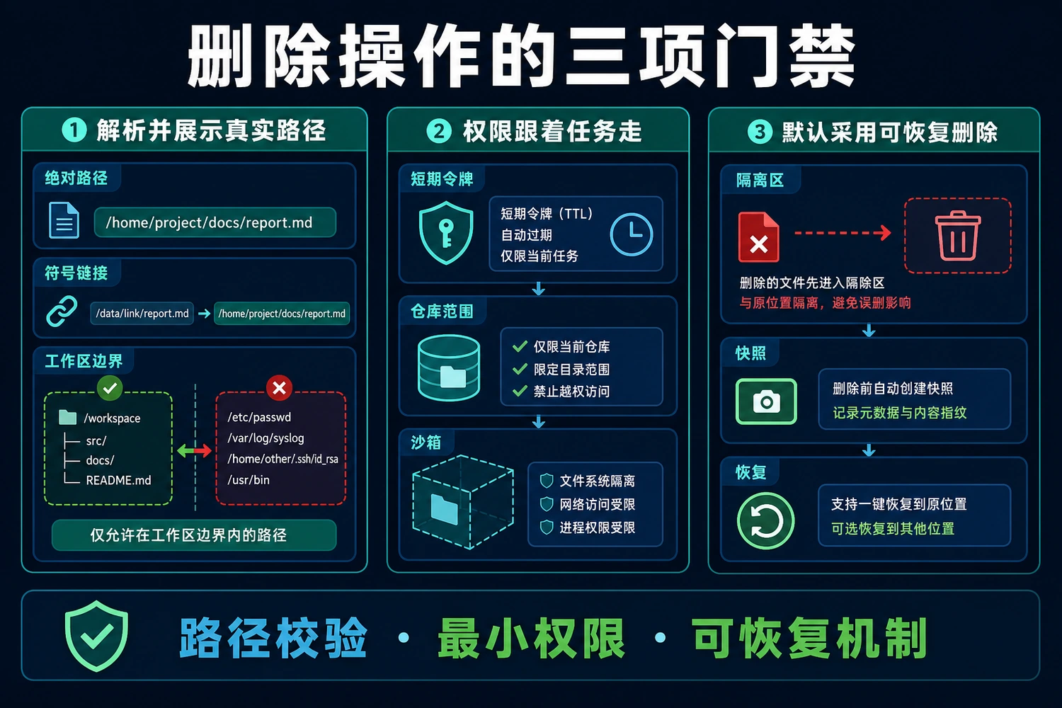 删除操作的三项门禁：路径校验、最小权限与可恢复机制