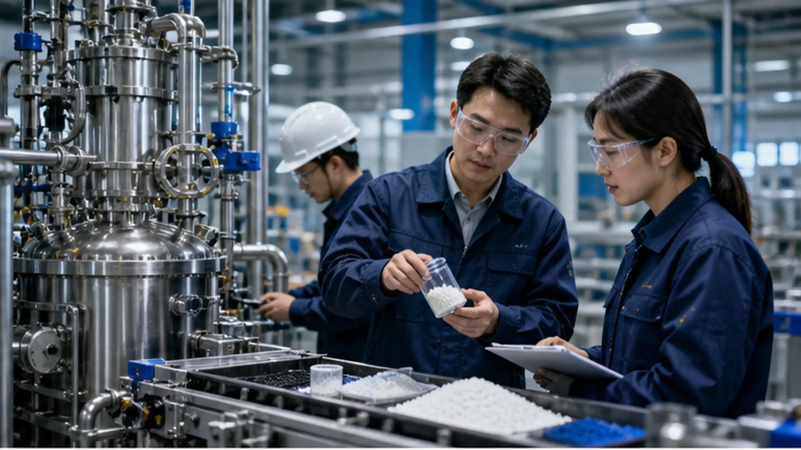 科研人员与工厂工程师在中试线上验证先进材料和工业人工智能方案