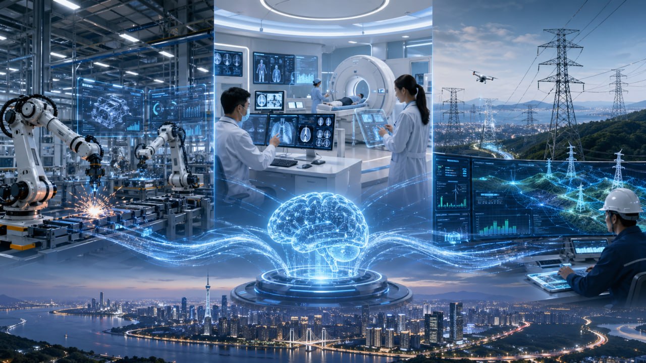 消费终端、医疗与能源电力三大场景的工业AI落地示意