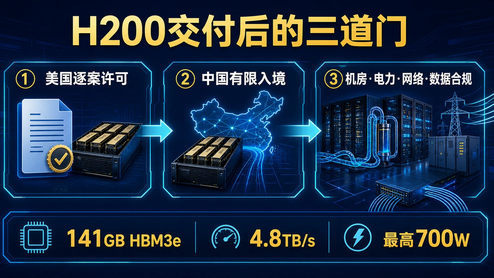 H200交付后的三道门：美国逐案许可、中国有限入境、机房电力网络和数据合规