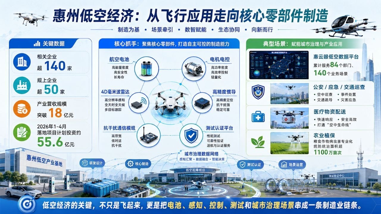 惠州低空经济从飞行应用走向核心零部件制造信息图