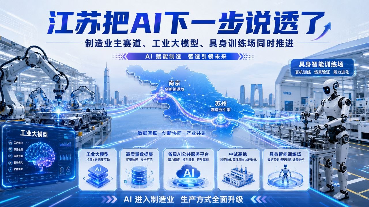 江苏把AI下一步说透，制造业主赛道、工业大模型和具身训练场同时推进