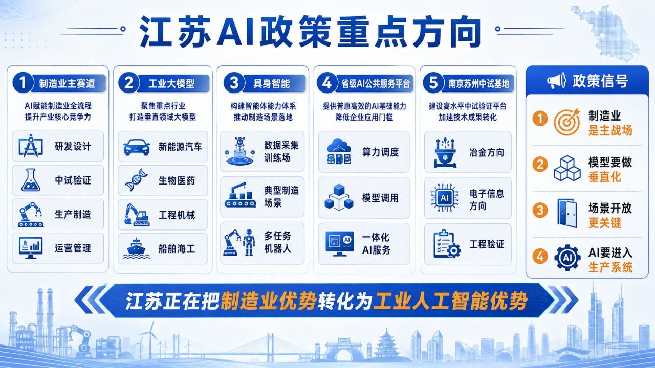 江苏人工智能政策重点覆盖制造业、工业大模型、具身智能、公共服务平台和中试基地