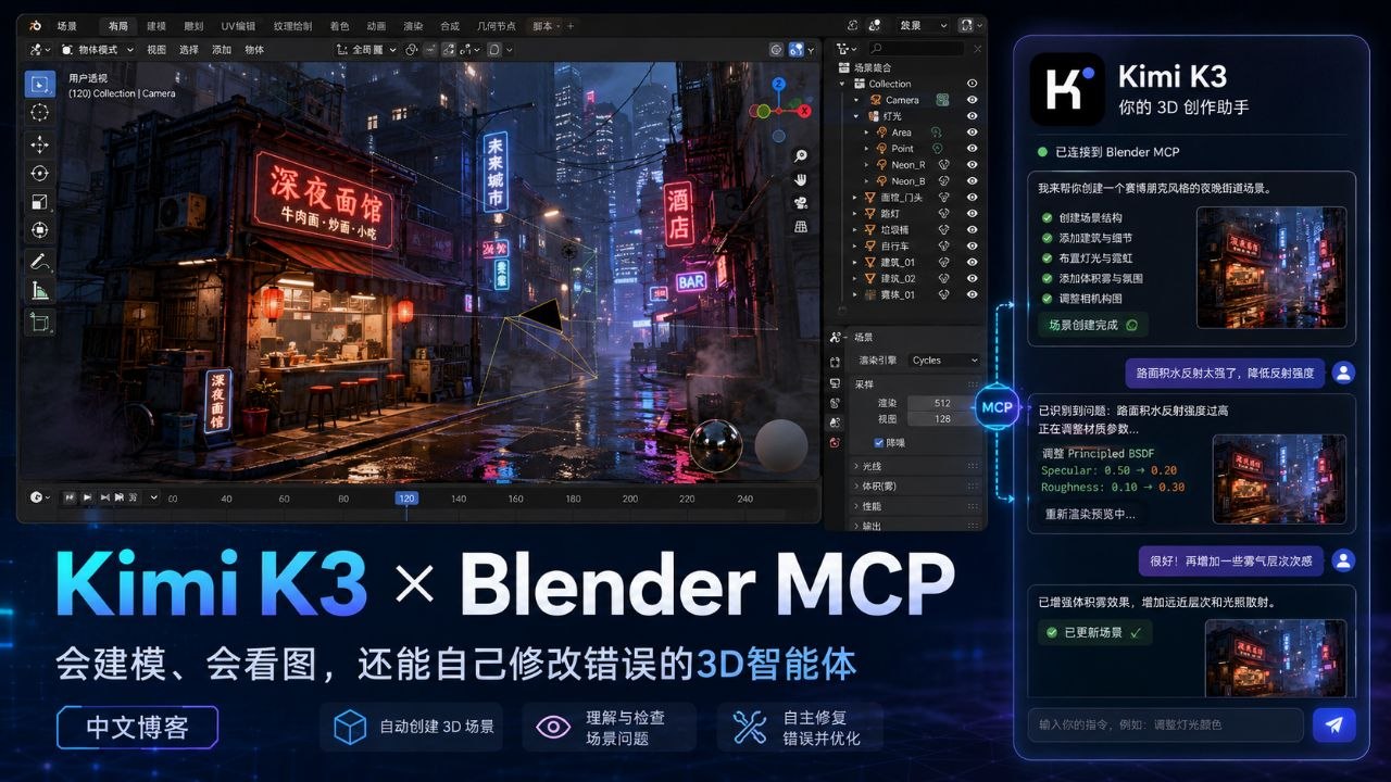 Kimi K3 接入 Blender MCP 后参与 3D 场景建模与迭代修改