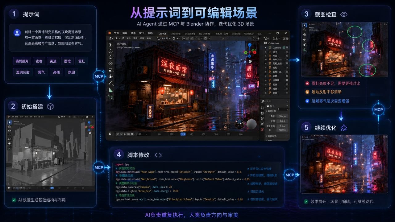 Kimi K3 通过 Blender MCP 从提示词生成可编辑场景并持续迭代的流程