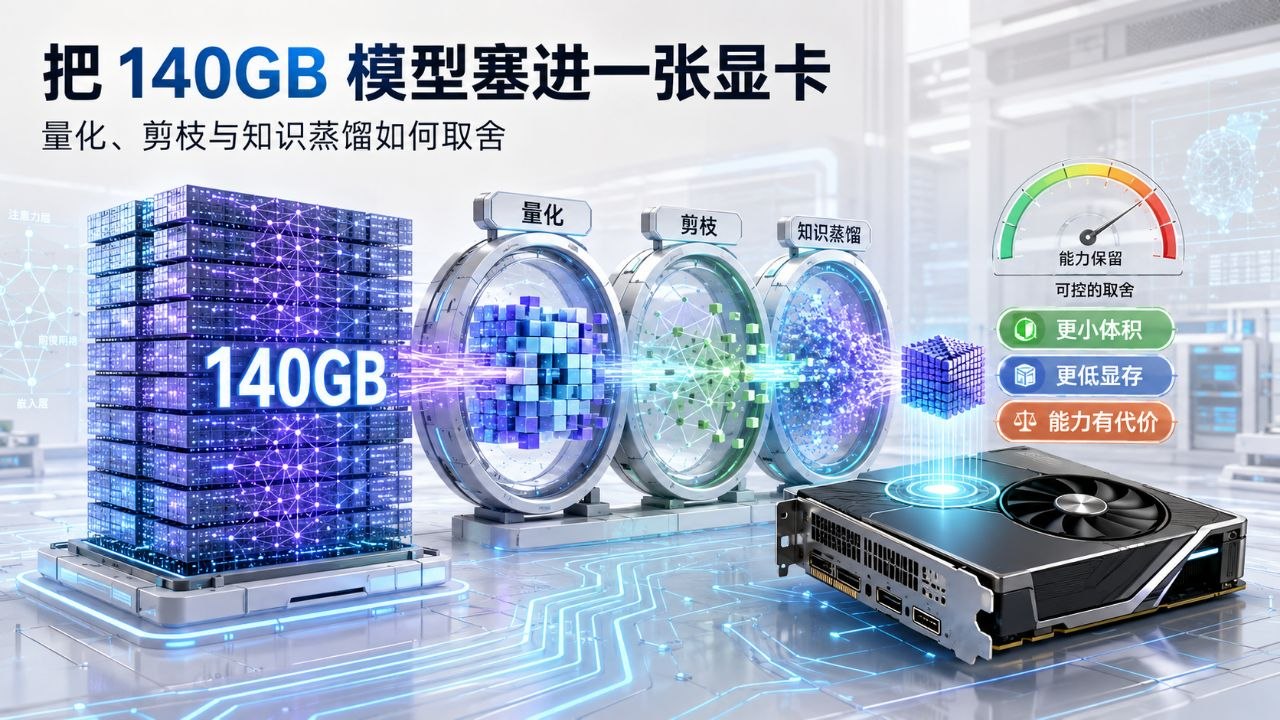 把 140GB 模型塞进一张显卡:量化、剪枝与知识蒸馏如何取舍