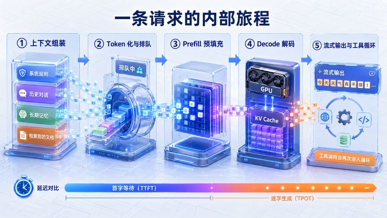 按下回车之后：一条大模型请求如何穿过上下文、显存与推理引擎结构示意图