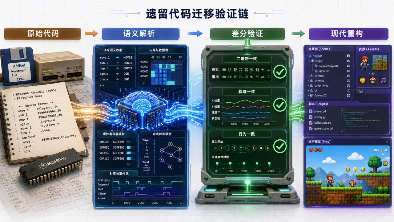 让大模型读懂三十三年前的汇编：从 MC68000 到 Godot 的遗留软件迁移方法论