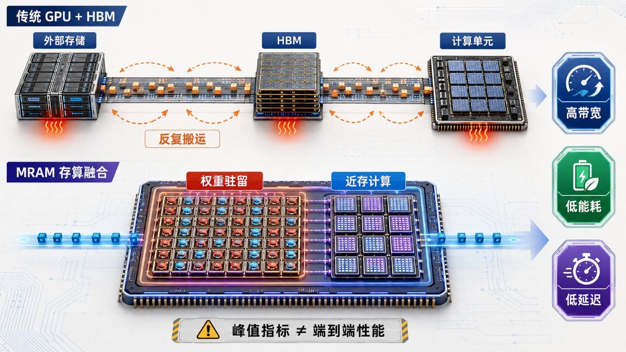 权重不再搬家：MRAM 存算融合能否改写大模型推理的带宽瓶颈结构示意图