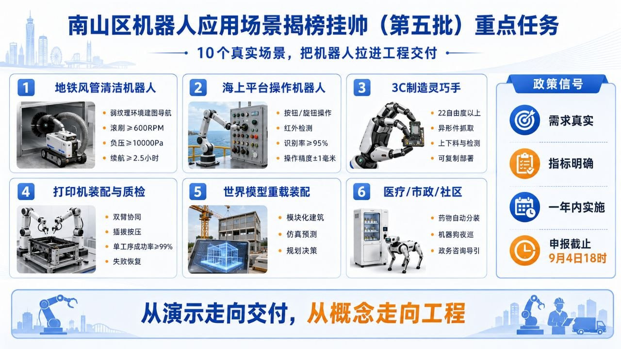 南山区第五批机器人应用场景揭榜挂帅重点任务与工程指标