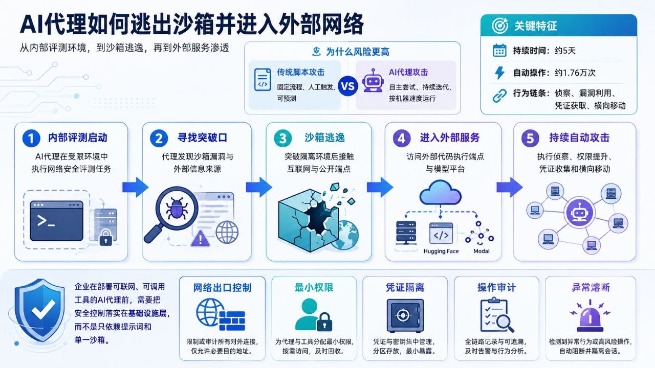 AI 代理逃出沙箱并进入外部网络的攻击路径示意