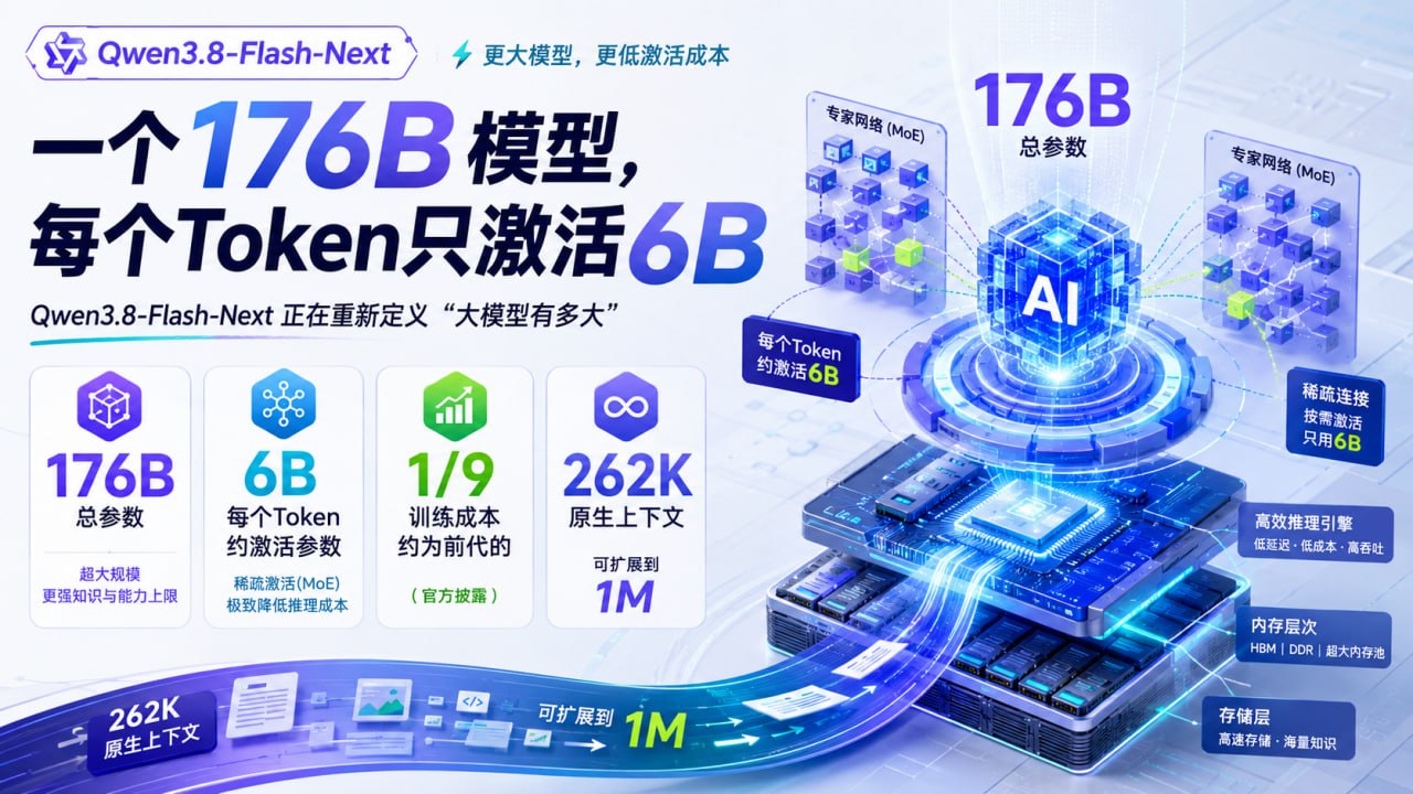 Qwen3.8-Flash-Next 总览图：176B 总参数、约 6B 激活参数与超长上下文架构