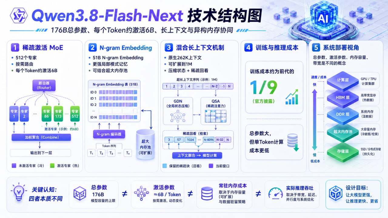 Qwen3.8-Flash-Next 架构图：稀疏激活 MoE、N-gram Embedding、长上下文机制与系统部署要点