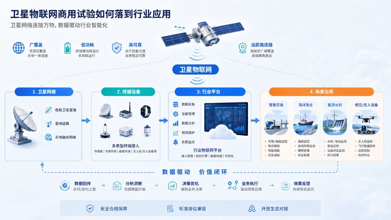 卫星物联网商用试验从卫星网络、终端设备、行业平台到行业应用的数据价值闭环