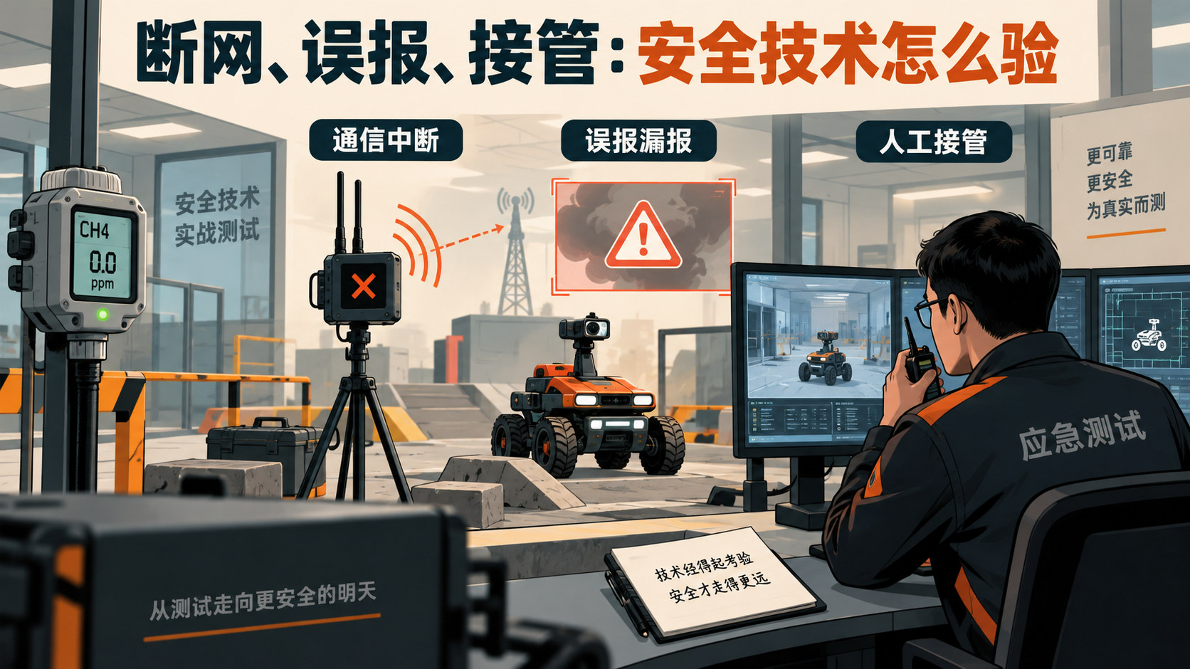 应急通信中断、误报漏报与人工接管测试的编辑插画，非真实测试记录