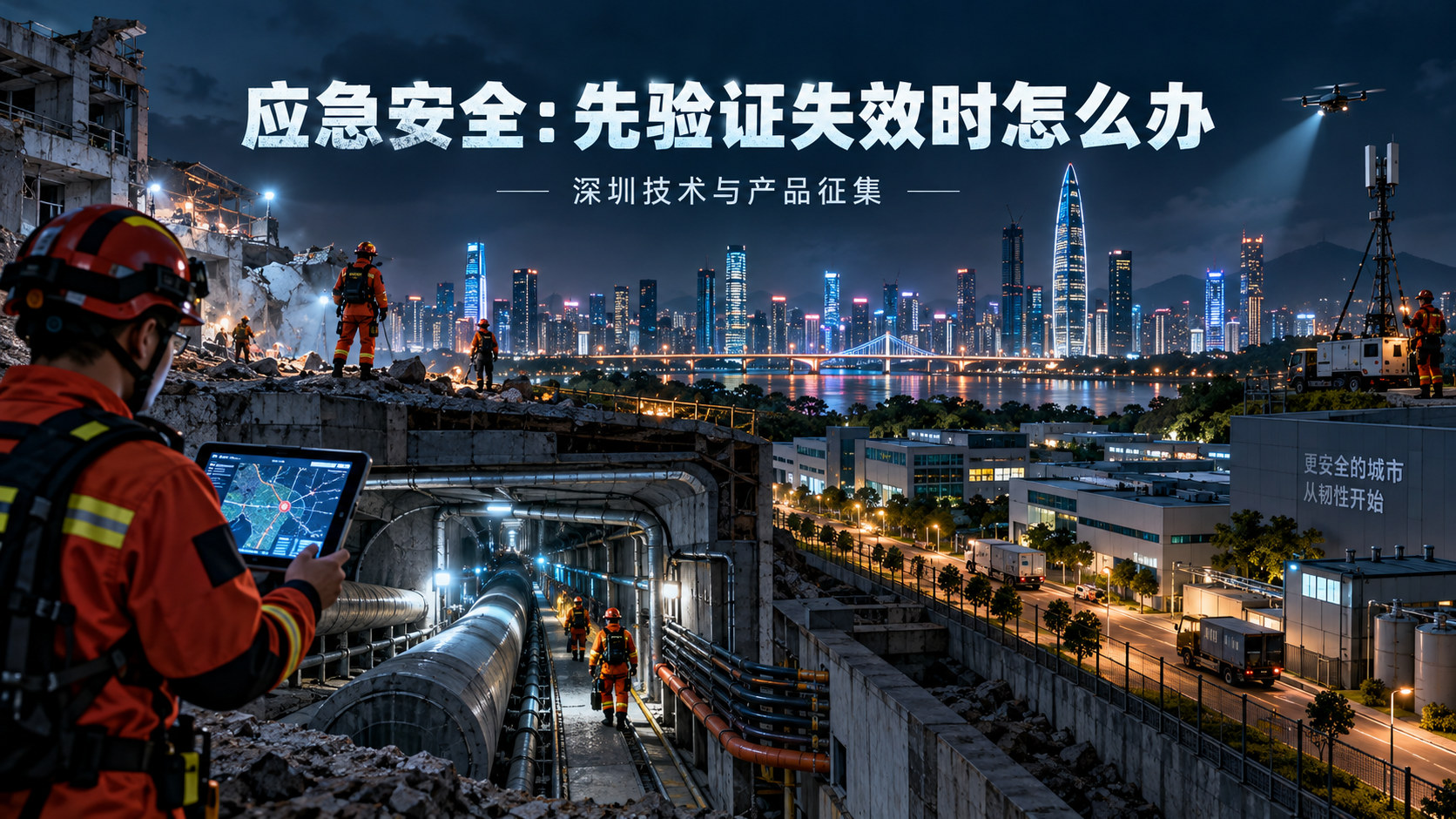 城市应急安全技术应用主题编辑插画，非深圳真实事故现场