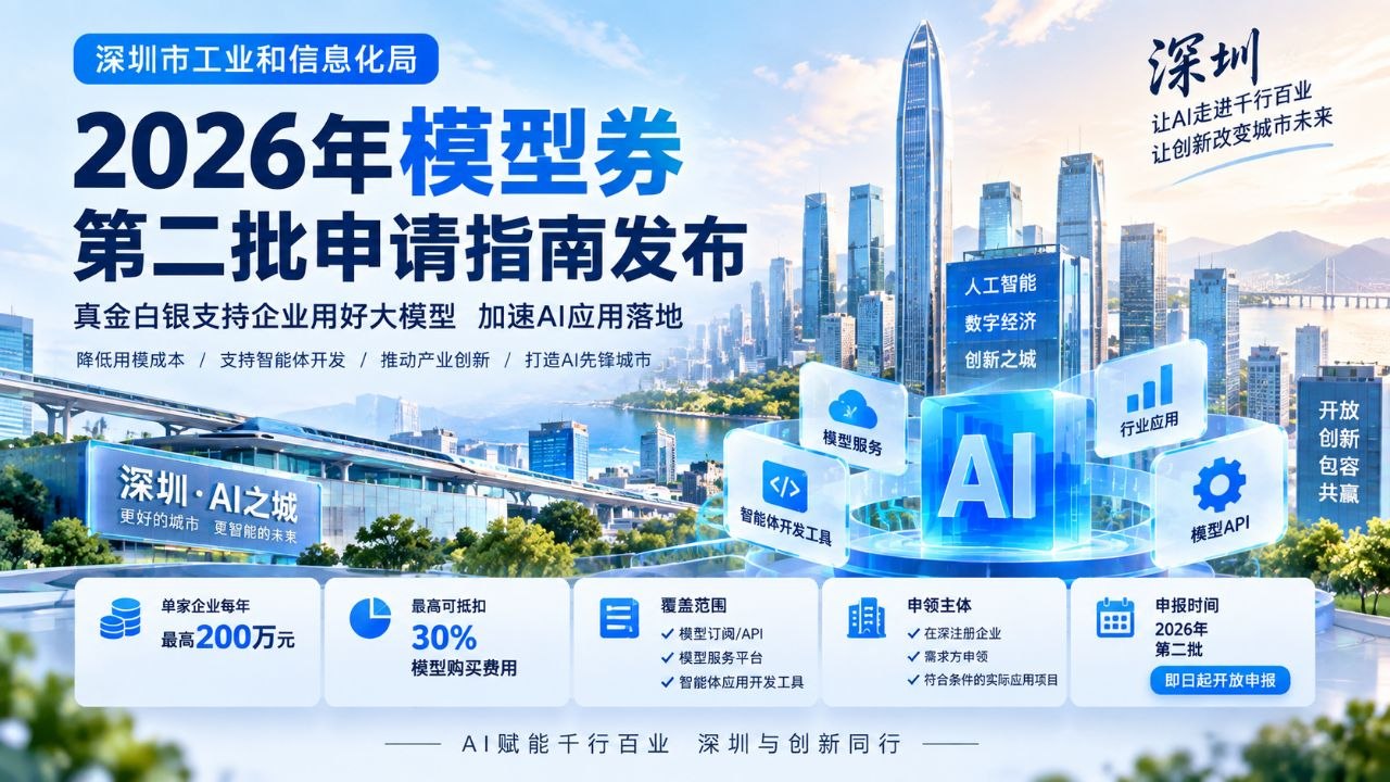 深圳9月7日再开模型券第二批：API、模型平台、智能体工具都能纳入，单企最高支持200万元