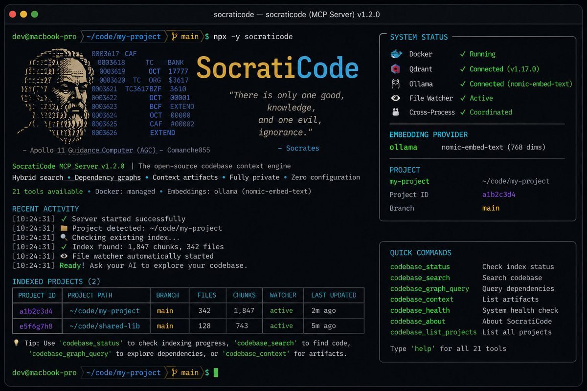 SocratiCode 终端界面与系统状态总览