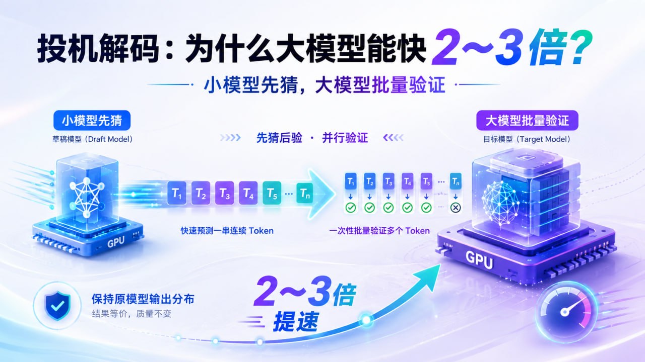 投机解码工作流信息图：标准解码、草稿模型、批量验证与提速条件