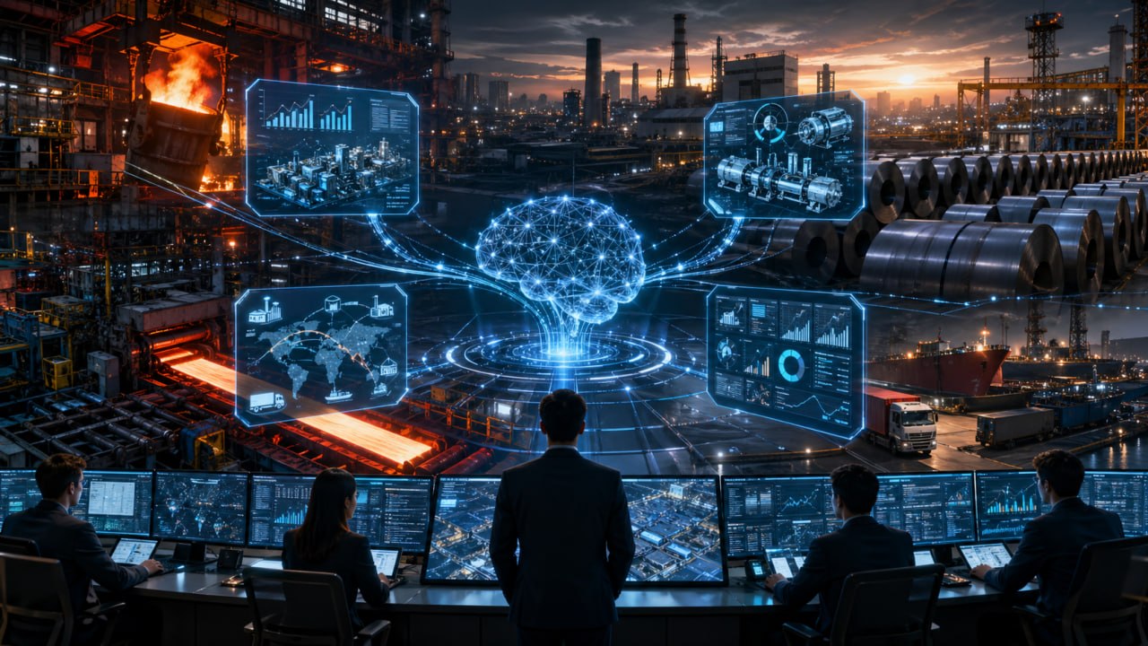 钢铁产线与实时 AI 看板示意图