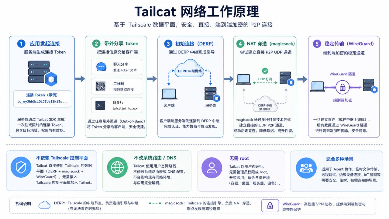Tailcat 网络工作原理：连接 Token、DERP 引导、magicsock 打洞与 P2P WireGuard 通道