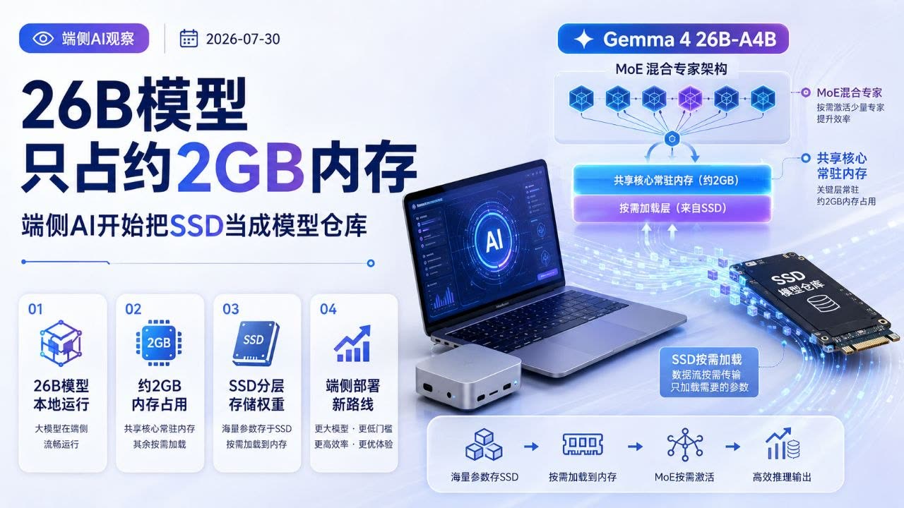 26B 模型约 2GB 内存运行，端侧 AI 把 SSD 当成模型仓库