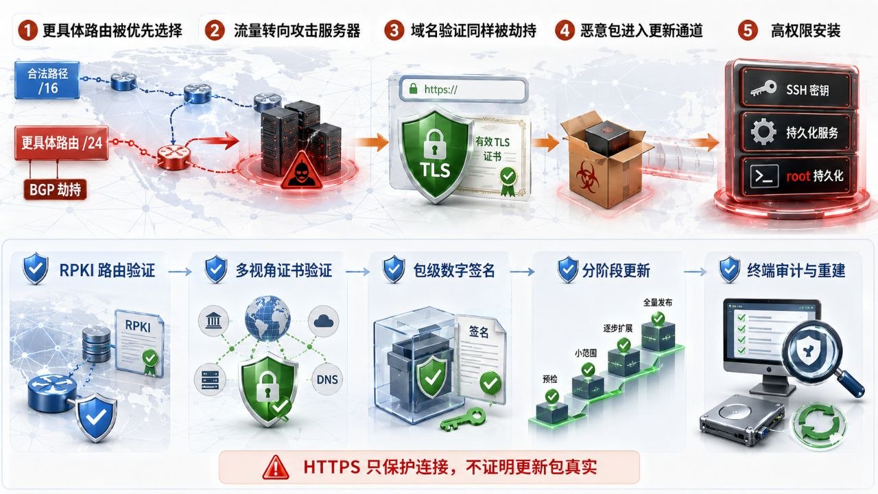 HTTPS 没有报警，更新包为何仍被劫持：Virtualizor 供应链攻击复盘结构示意图