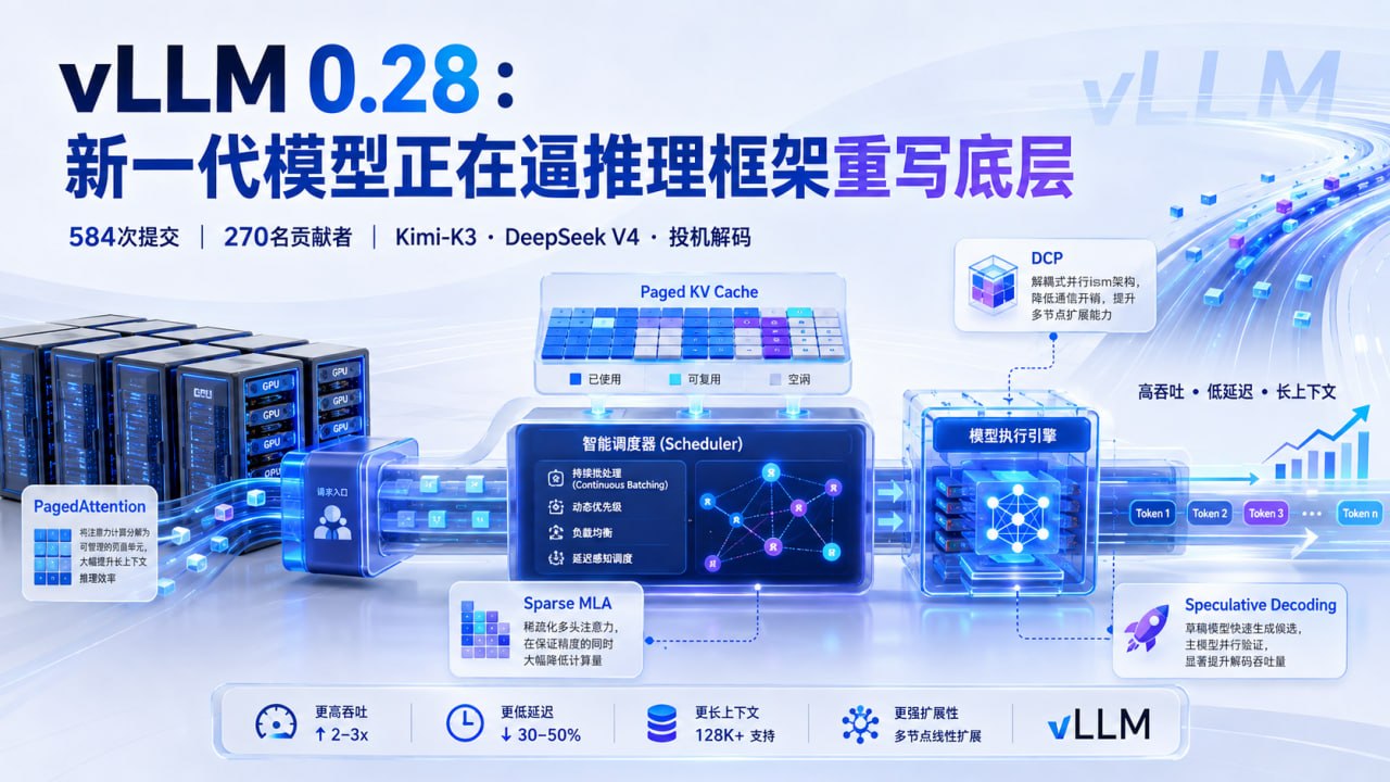 vLLM 0.28 推理栈：调度器、Paged KV Cache、Sparse MLA 与投机解码关系示意