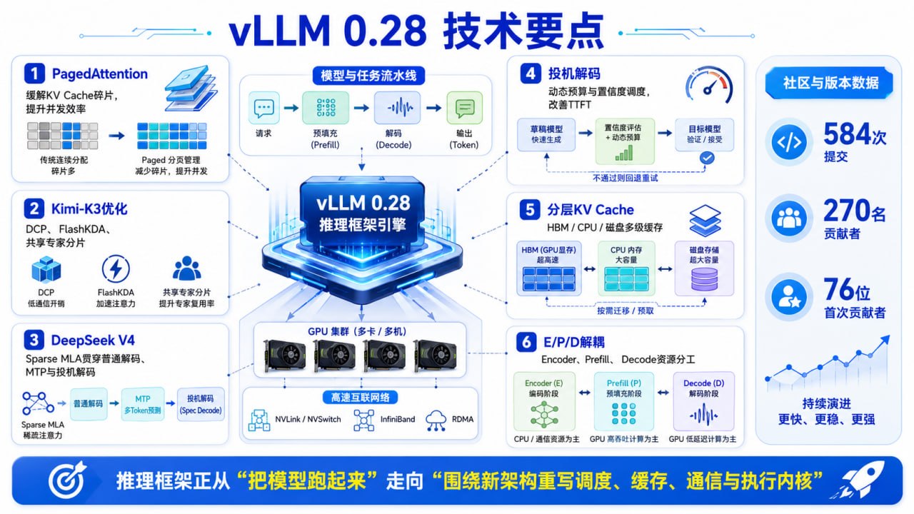 vLLM 0.28 发布总览与多 GPU 推理基础设施示意图