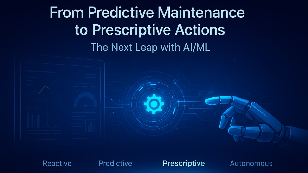 图4：从预测维护到处方式行动的AI/ML跃进图，展示反应式、预测式、处方式和自治式的演进